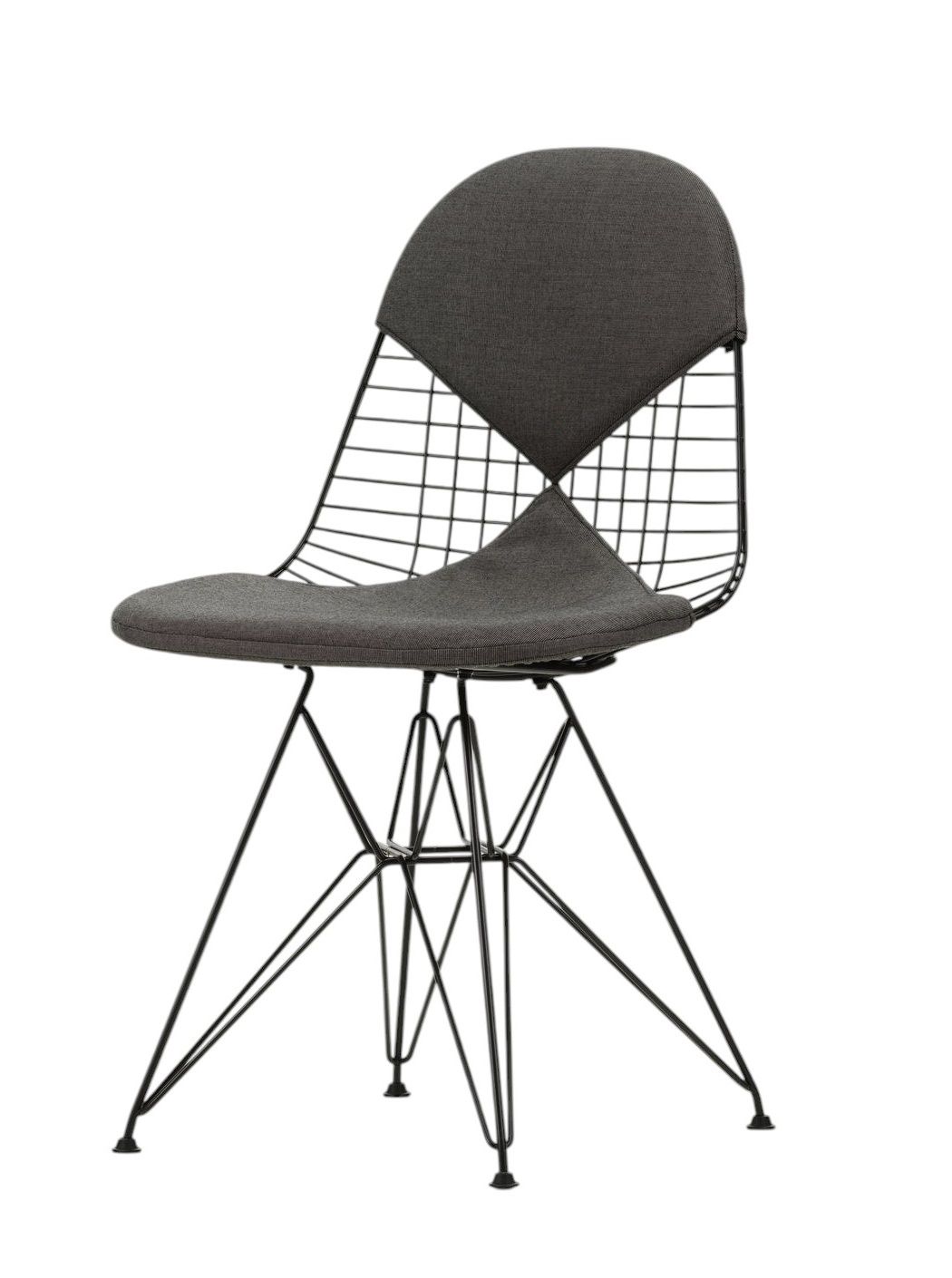 Vitra DKR-2 Wire Chair Stuhl mit grauem Sitzpolster und schwarzem Drahtgestell.
