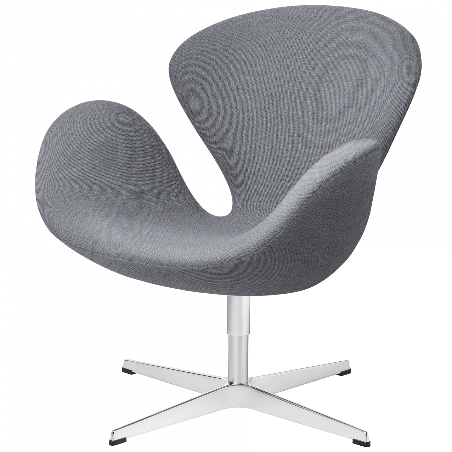 Grauer Schwan Sessel von Fritz Hansen mit Stoffbezug und Drehfuß aus Aluminium.