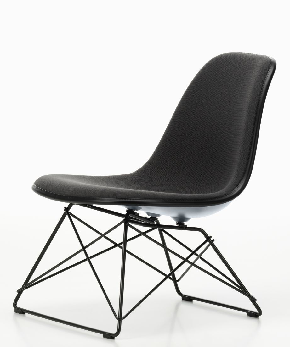 Schwarzer Eames Plastic Side Chair LSR von Vitra, vollgepolsterter Design Stuhl mit Drahtgestell.