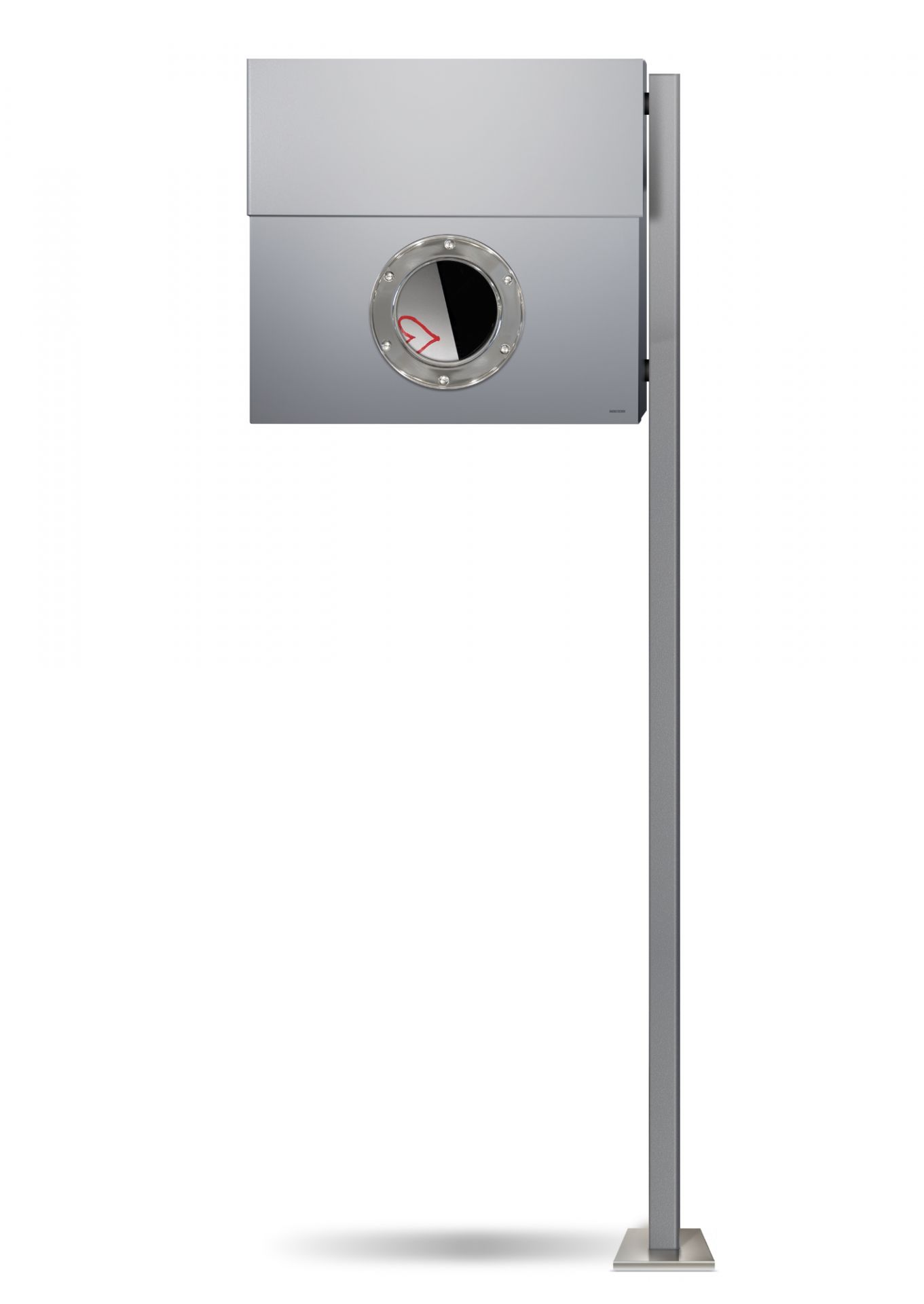 Silberner Glascontainer mit Einwurföffnung und rotem Recycling-Symbol für die Glasentsorgung im öffentlichen Raum.