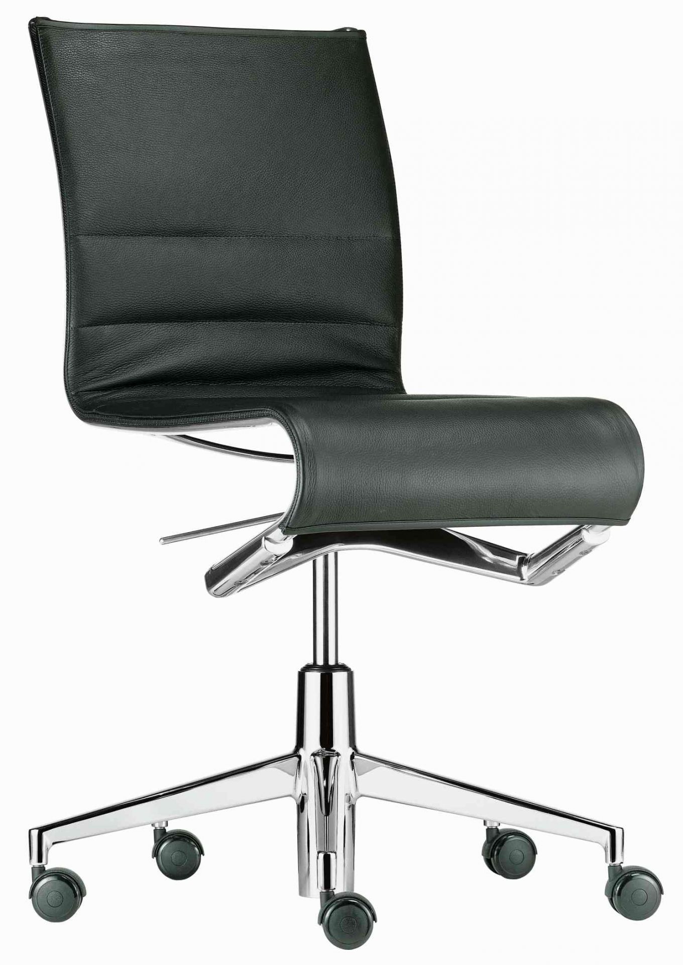 Rollingframe Bürostuhl mit Lederbezug und Chromgestell, ergonomischer Drehstuhl für das Büro.