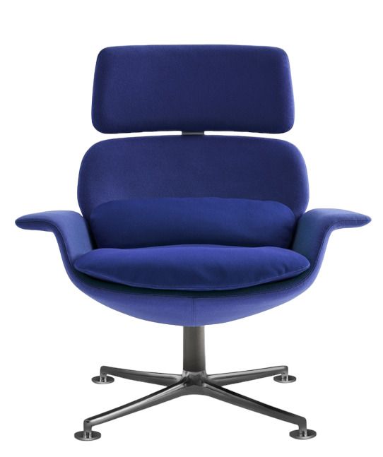 KN02 Sessel von Knoll International, blauer Drehsessel mit hoher Rückenlehne und Fußkreuz.