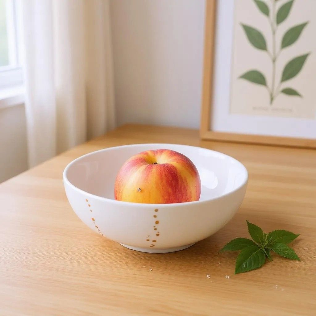 Weiße Räder Schale Santas Traumland mit goldenen Punkten und Apfel auf einem Holztisch.