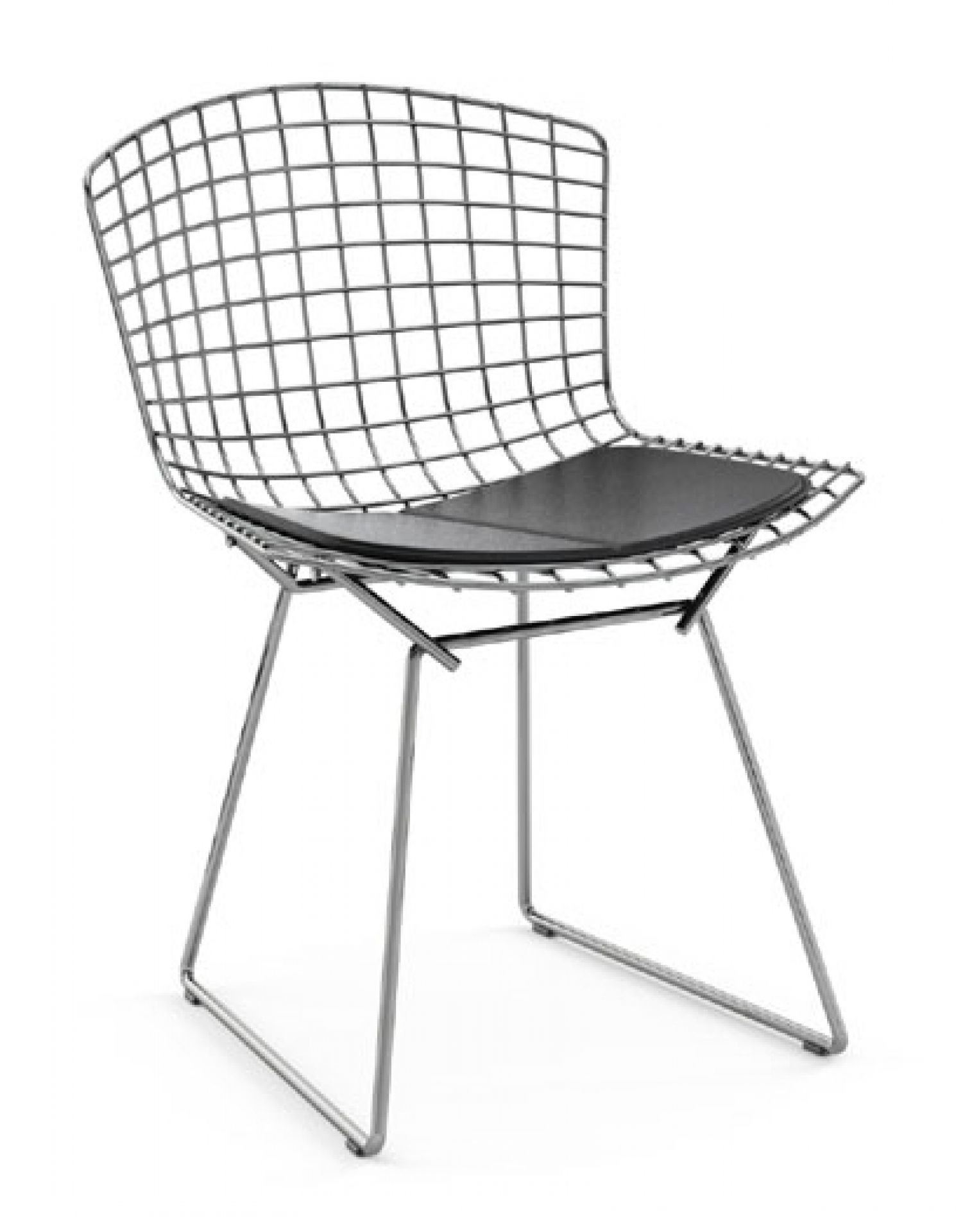 Bertoia Stuhl für den Außenbereich von Knoll International: Drahtstuhl mit schwarzem Sitzkissen.