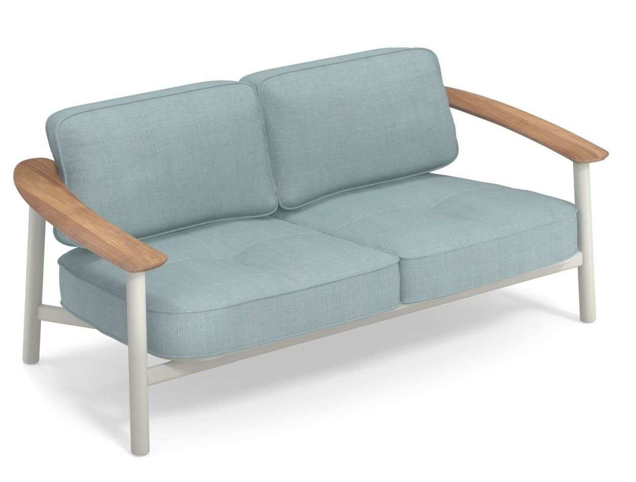 Emu Twins Outdoor Sofa, hellblaues 2-Sitzer Gartensofa mit Holzarmlehnen und weißem Rahmen.