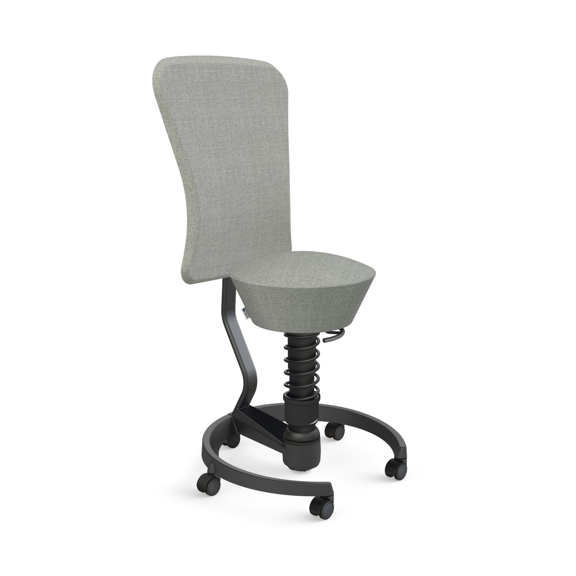 Grauer Swopper Work Hocker Aeris mit Rückenlehne und Rollen für ergonomisches Sitzen.