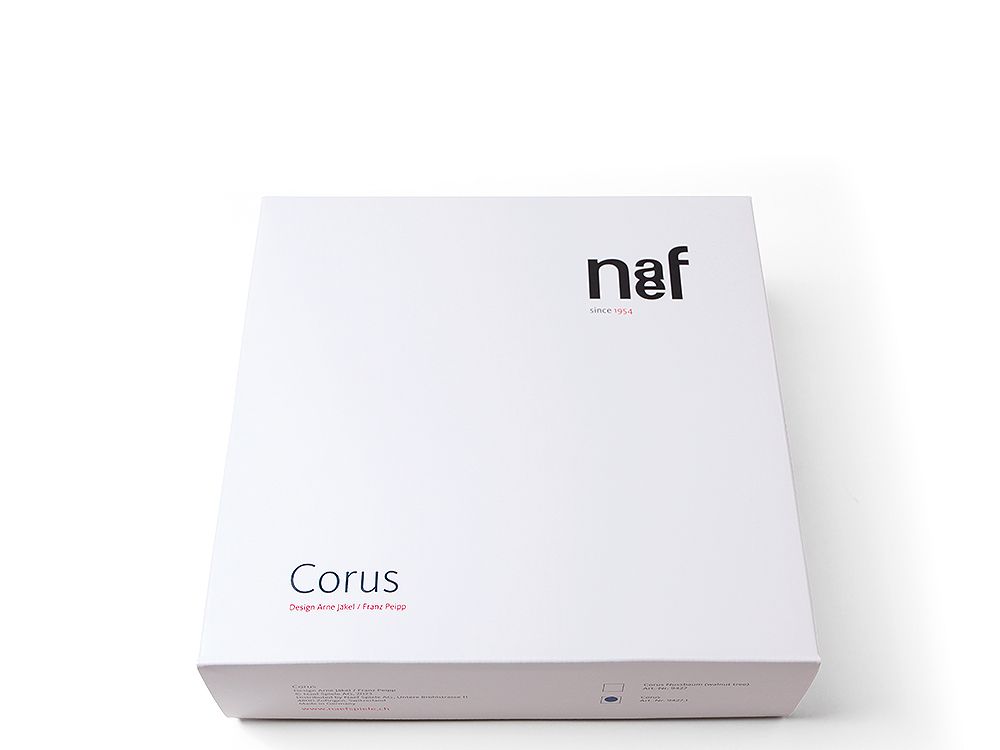 Verpackung des Naef Corus Steckspiels im Bauhaus-Design, ein hochwertiges Holzspielzeug für kreative Kinder.