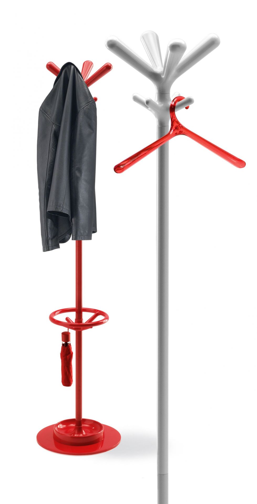 Pop Kleiderständer von Rexite, rot und weiß, mit Jacke, Regenschirm und Kleiderbügel für Flur und Garderobe.