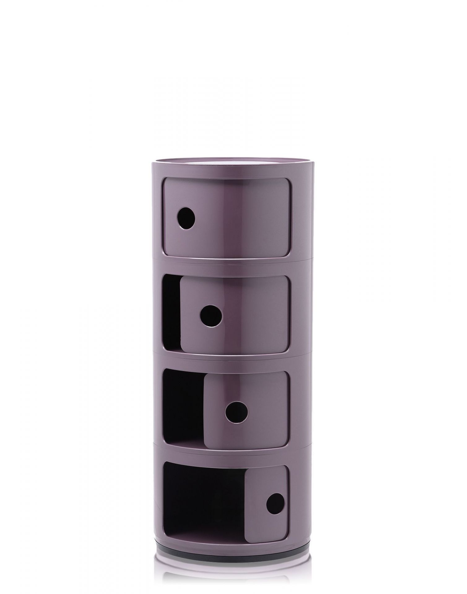 Violettes Componibili 4-er Element von Kartell. Runder Nachttisch mit vier Fächern und Drehtüren.