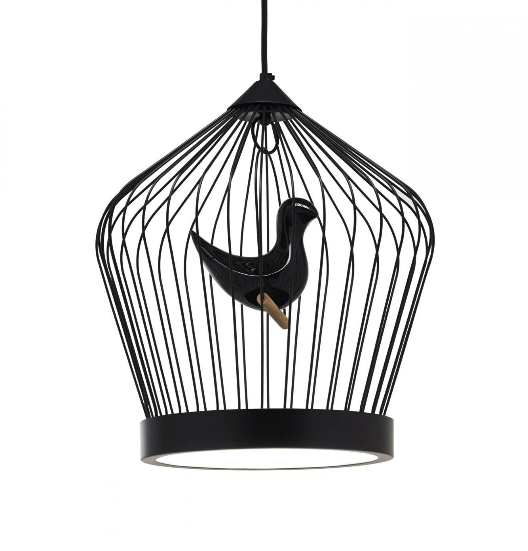 Twee T. Hängeleuchte von Casamania Horm mit schwarzem Vogel in einem Käfig als Lampe.