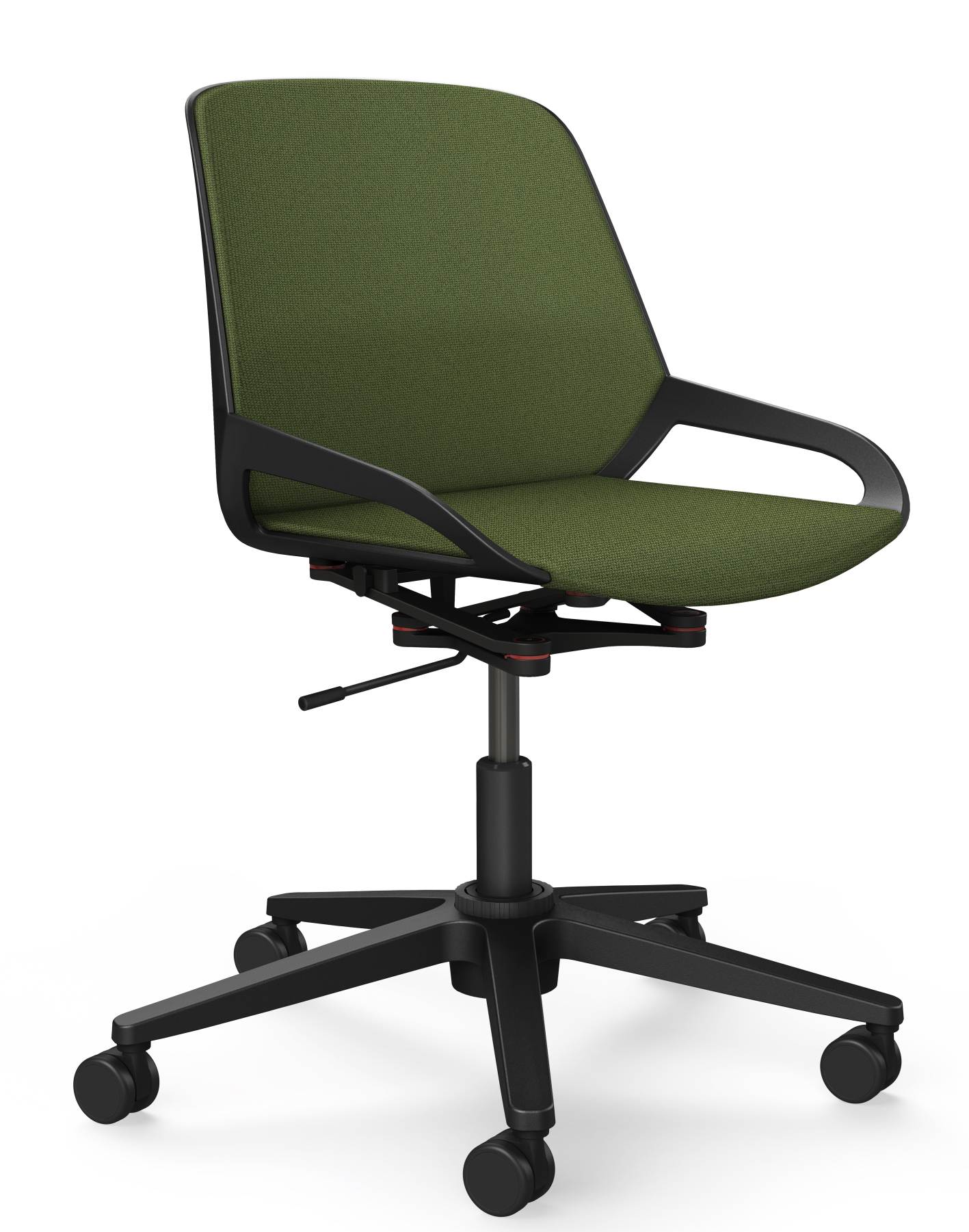 Numo Task Bürodrehstuhl von Aeris, ergonomischer Schreibtischstuhl mit grüner Polsterung, schwarzem Gestell und Rollen.