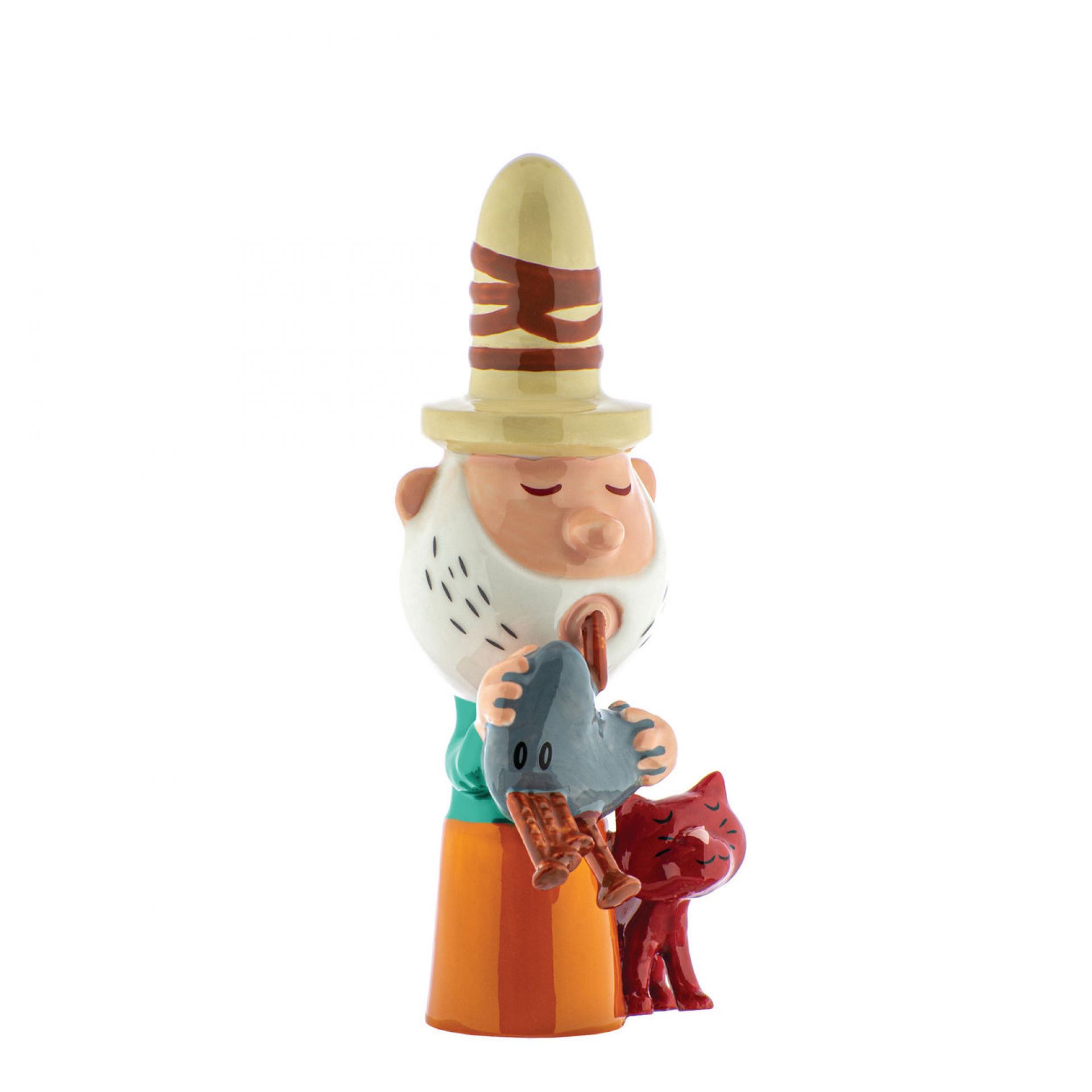 Alessi Eolo Happy Eternity Baby Figur mit Katze, festliche Weihnachtsdekoration.