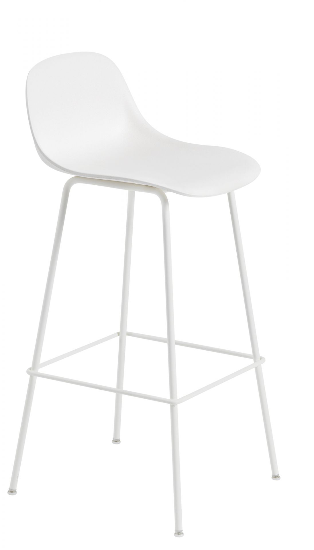 Weißer Fiber Counter Stool Barhocker von Muuto mit Rückenlehne und Stahlgestell. Moderner Hocker für Küche oder Bar.