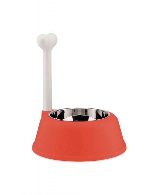 Roter Alessi Lupita Hundenapf mit Edelstahleinsatz und Knochen-Griff für Futter und Wasser.