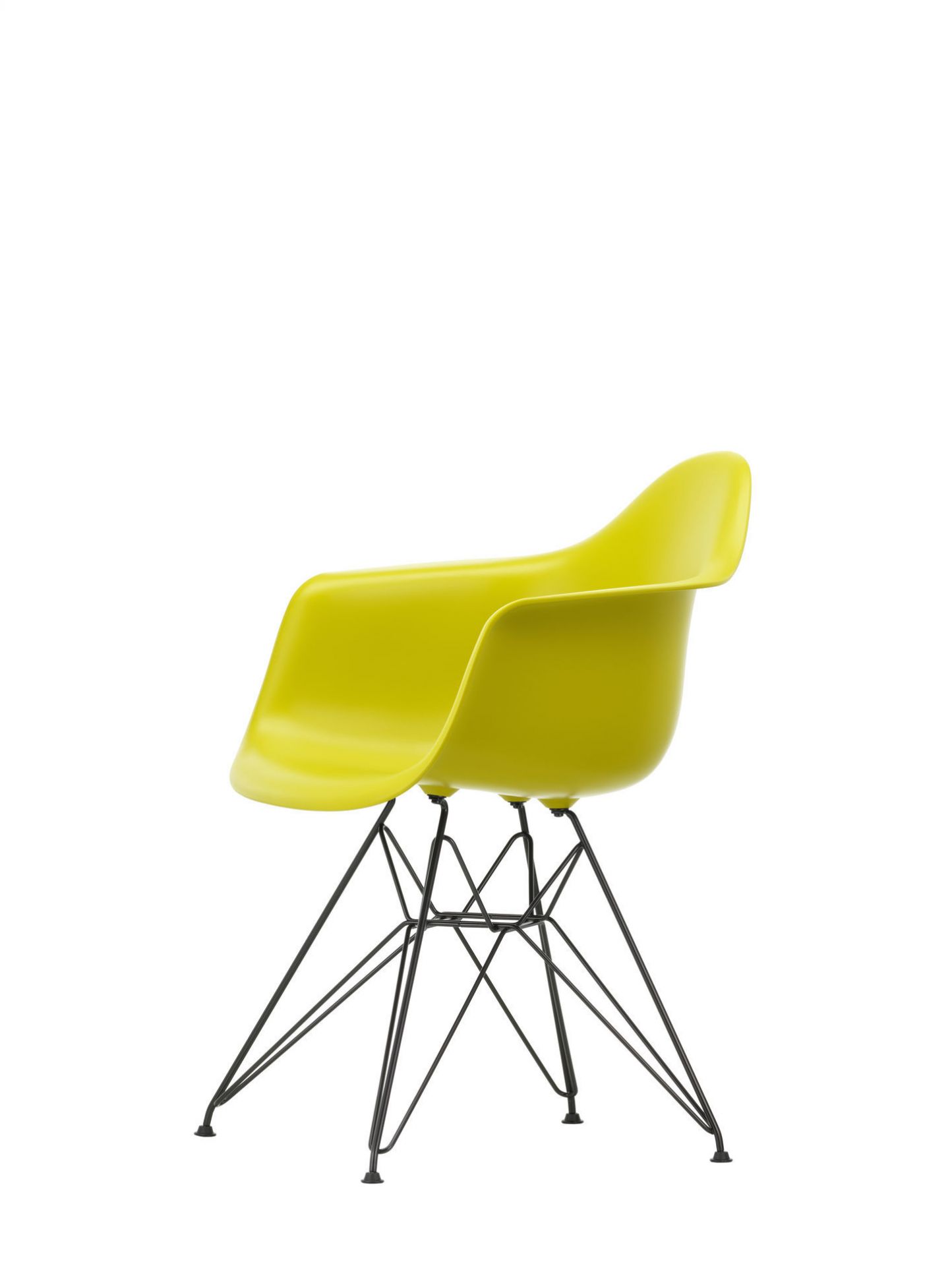 Eames Plastic Arm Chair DAR Stuhl in Forest; moderner Designklassiker mit schwarzem Eiffelturm-Gestell.