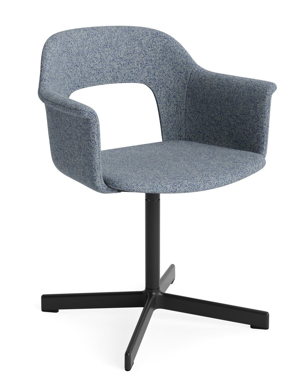 Layout Armchair von Hay, blauer Bürostuhl mit Armlehnen und schwarzem Drehfuß für modernes Bürodesign.