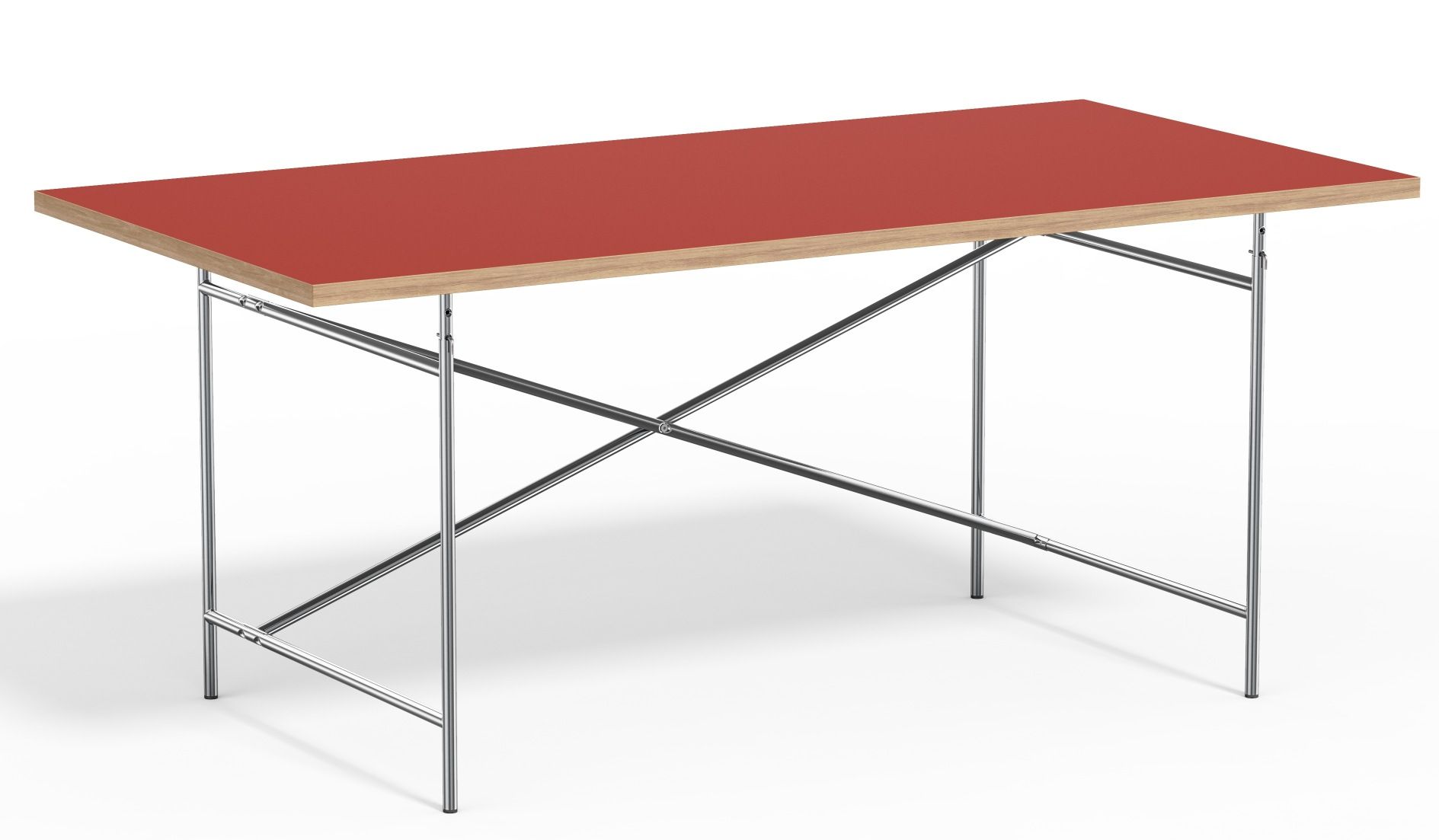 Eiermann Tisch mit roter Tischplatte und verchromtem Stahlgestell, Designklassiker von Richard Lampert.
