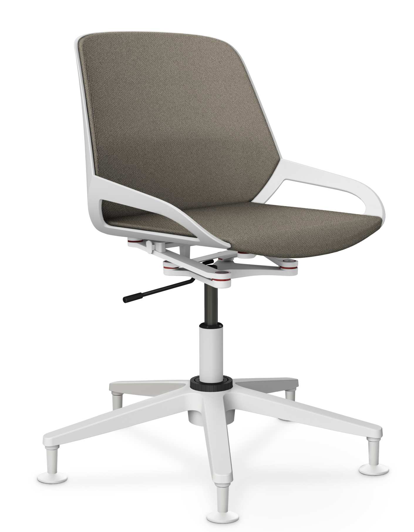 Numo Task Bürodrehstuhl von Aeris mit grauem Stoffbezug und weißem Gestell, ergonomischer Arbeitsstuhl mit Säule und Gleitern.