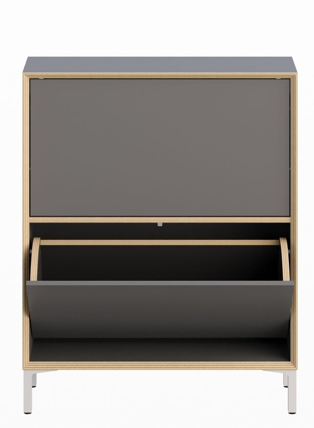 Vertiko Schuhschrank von Müller Möbelwerkstätten in Grau mit einer geöffneten Klappe für Schuhe.