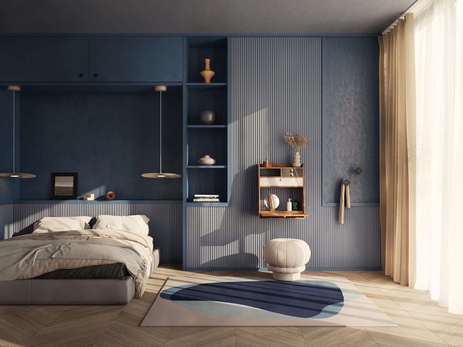 Gaston Wandsekretär 60 Hartô im Schlafzimmer: Moderner Holzsekretär mit Stauraum, Spiegel und Ablageflächen an einer blauen Wand.