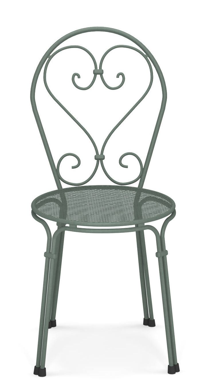 Emu Pigalle Stuhl für den Außenbereich, grüner Metallstuhl mit herzförmiger Rückenlehne und rundem Sitz.