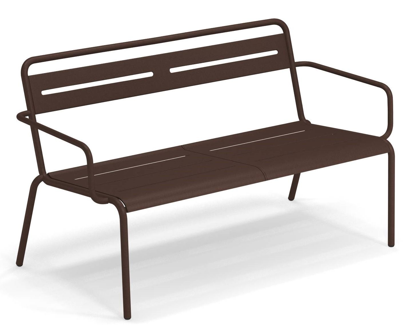Star Sofa Outdoor Emu, braune Gartenbank aus Metall mit Armlehnen und geradlinigem Design.