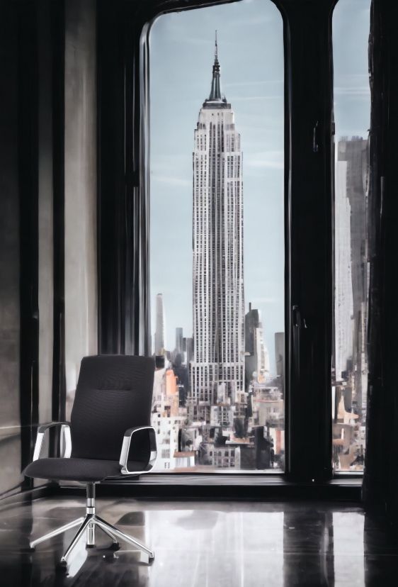 Schwarzer Decide Konferenzsessel von Wilkhahn auf Gleitern vor Fenster mit Blick auf New York.