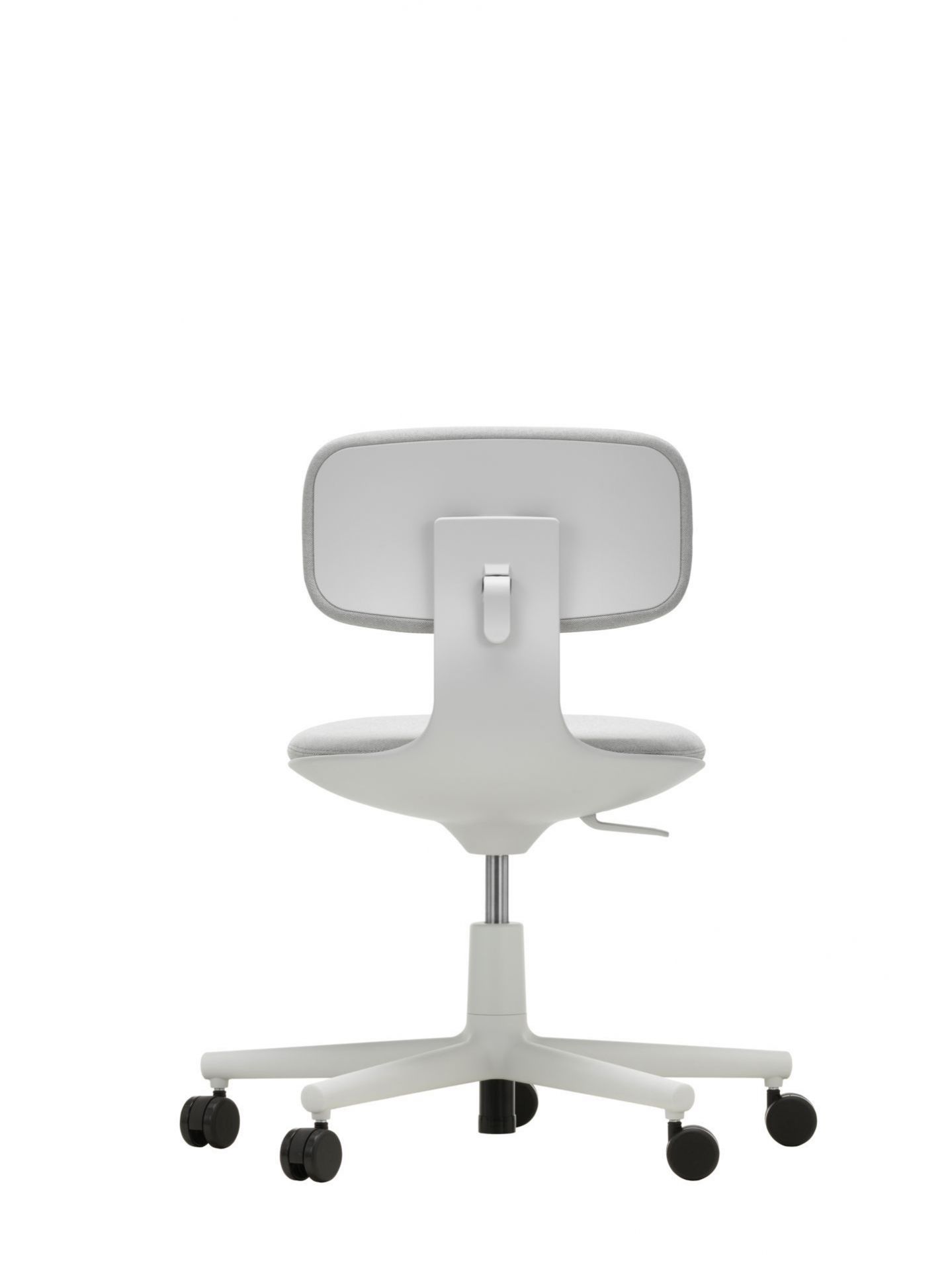 Rückansicht des weißen Vitra Rookie Bürodrehstuhls mit grauer Sitzfläche und Rückenlehne auf Rollen.