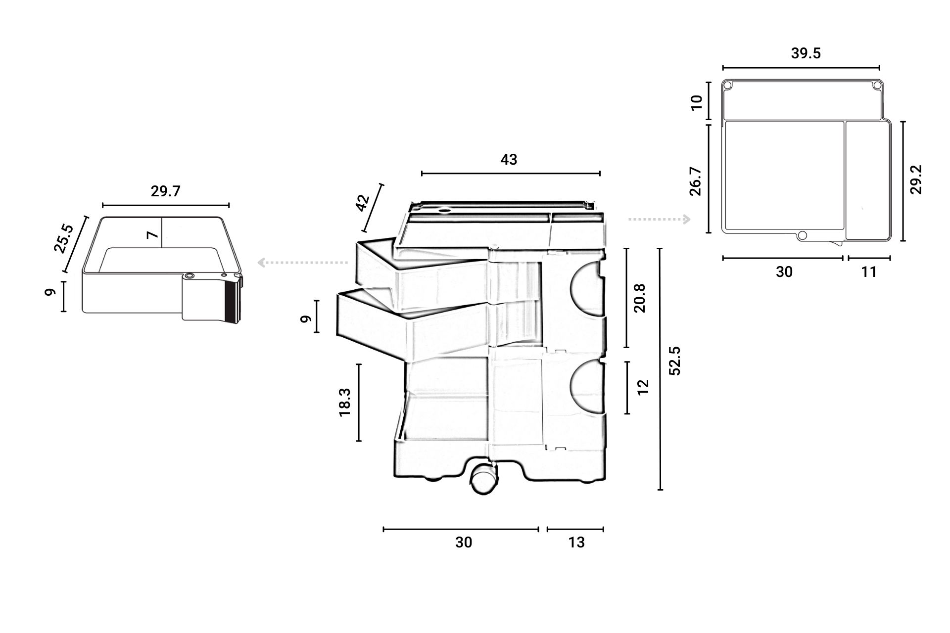 Technische Zeichnung des Boby B22 Rollcontainer B-Line mit Maßen für Büro und Arbeitszimmer.