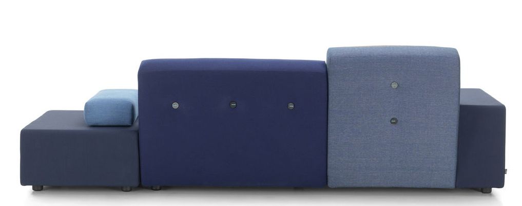 Vitra Polder Sofa in verschiedenen Blautönen, modernes modulares Design mit Knöpfen.