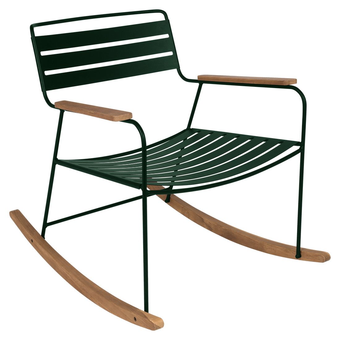 Fermob Surprising Schaukelstuhl für den Garten, dunkelgrünes Metallgestell mit Armlehnen und Kufen aus Holz.