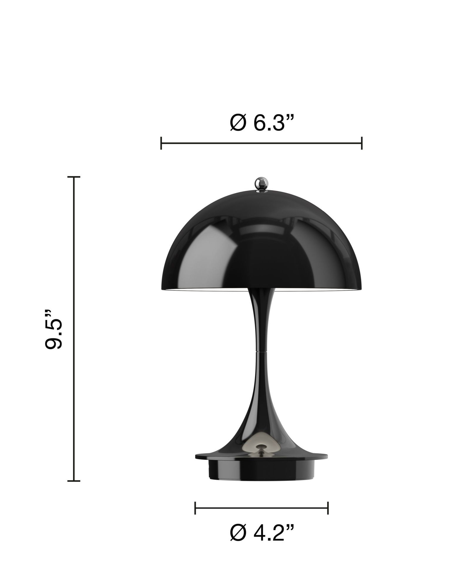 Panthella Portable Tischleuchte in Schwarz: Akku-betriebene LED-Lampe für Innen und Außen mit Größenangaben.