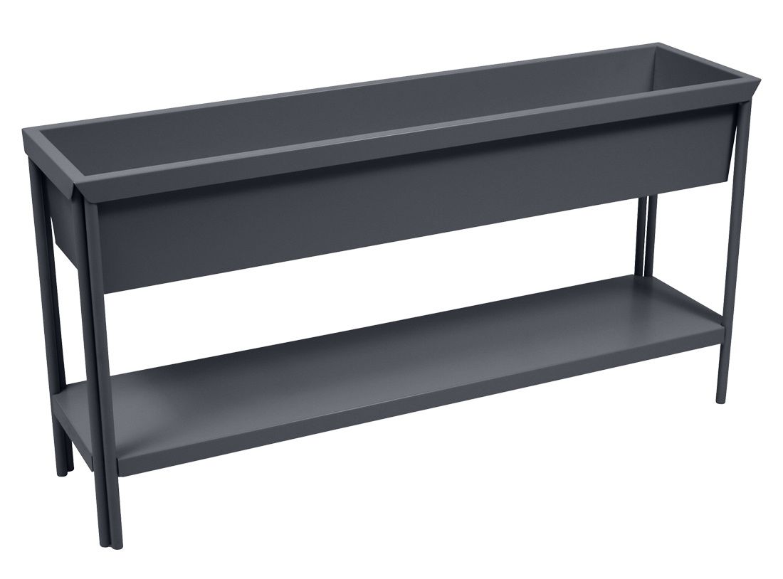 Anthrazitfarbener Fermob Terrazza Blumenkasten aus Metall mit Ablage für den Außenbereich, ideal für Garten und Terrasse.