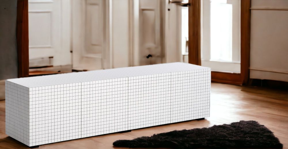 Weißes 756 Quaderna Sideboard von Zanotta mit schwarzem Gittermuster und minimalistischem Design im modernen Wohnzimmer.