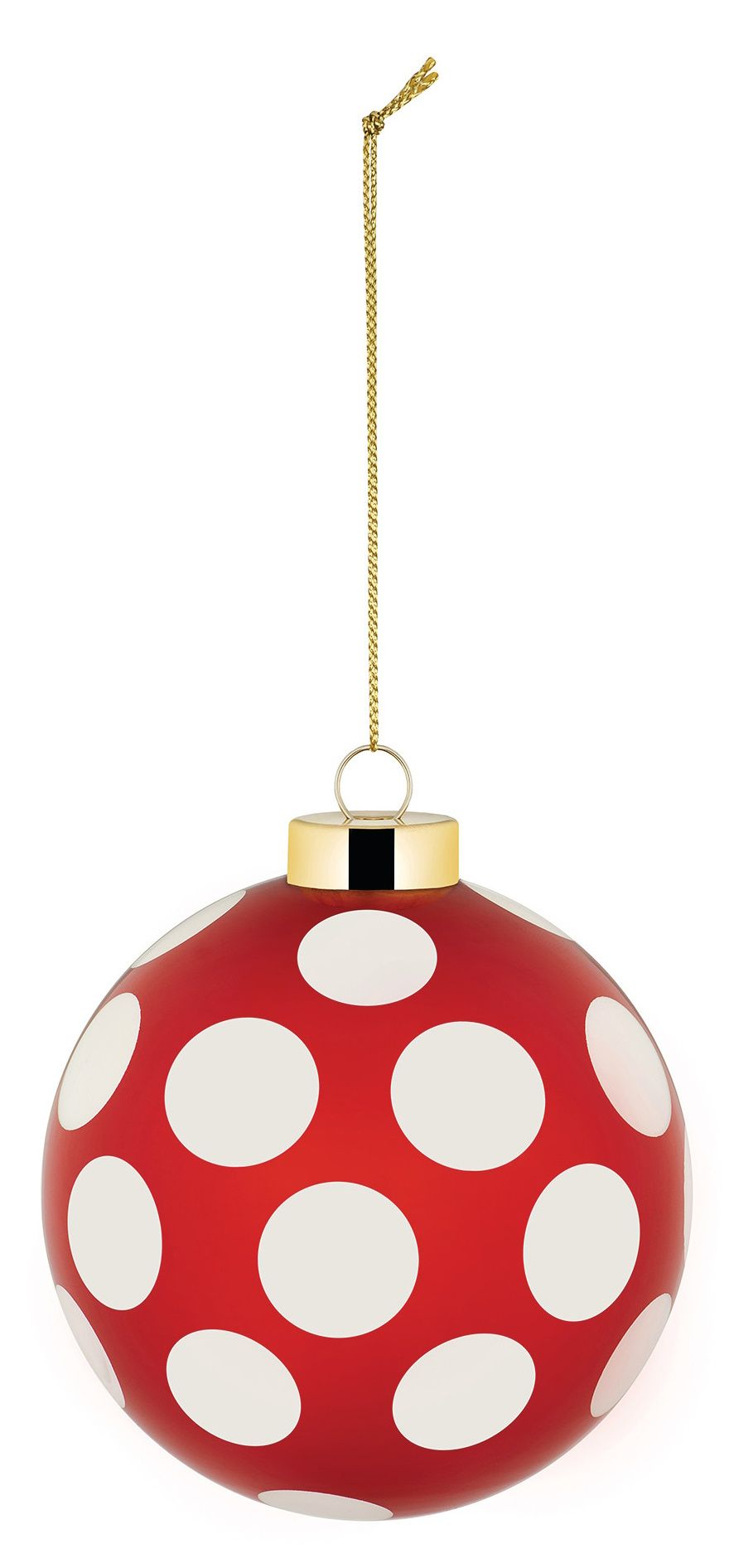 Rote Alessi Weihnachtskugel mit weißen Punkten und goldener Aufhängung. Festliche Weihnachtsdekoration.