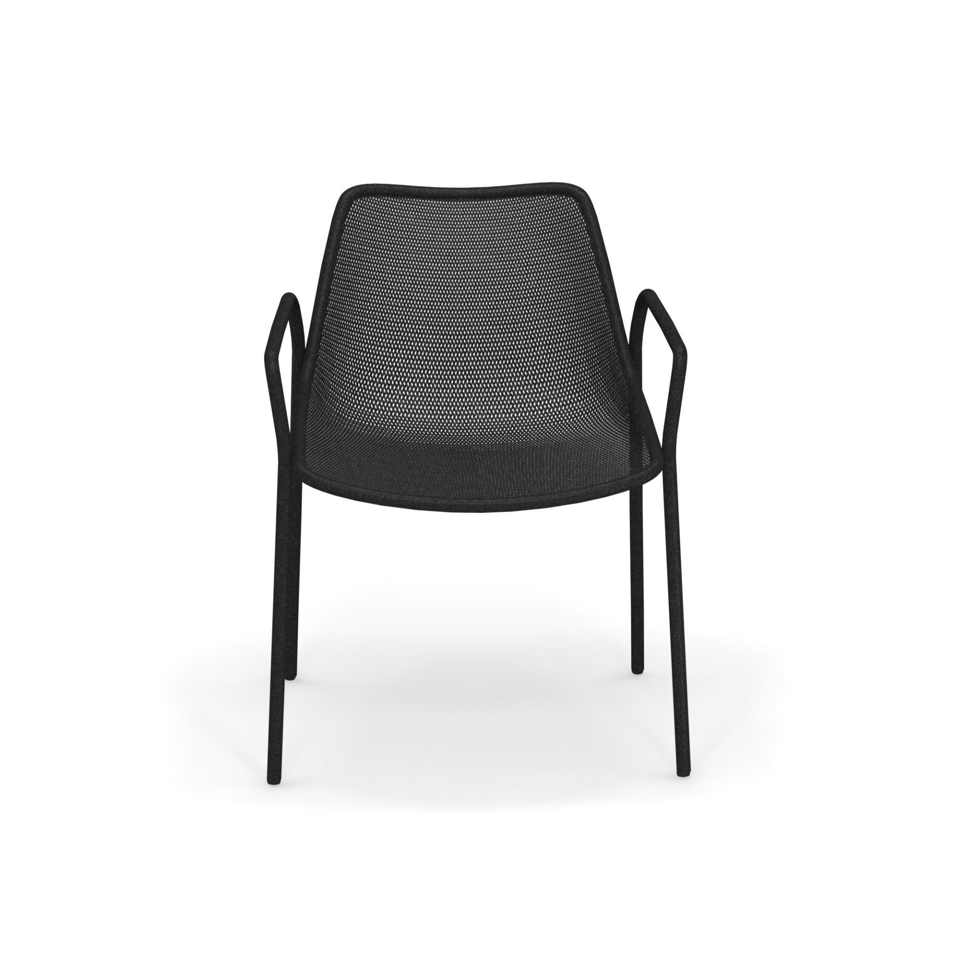 Schwarzer Emu Armlehnenstuhl mit rundem Gestell und Netzstruktur, Gartenstuhl für den Außenbereich.