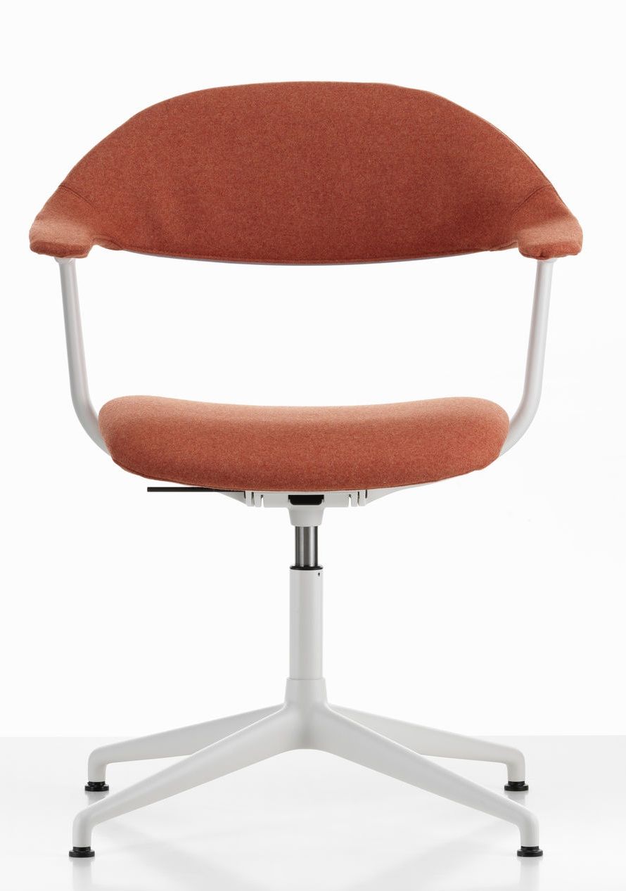 Mynt Bürodrehstuhl von Vitra mit orangefarbenem Sitz und Rückenlehne, weißem Gestell und Armlehnen.