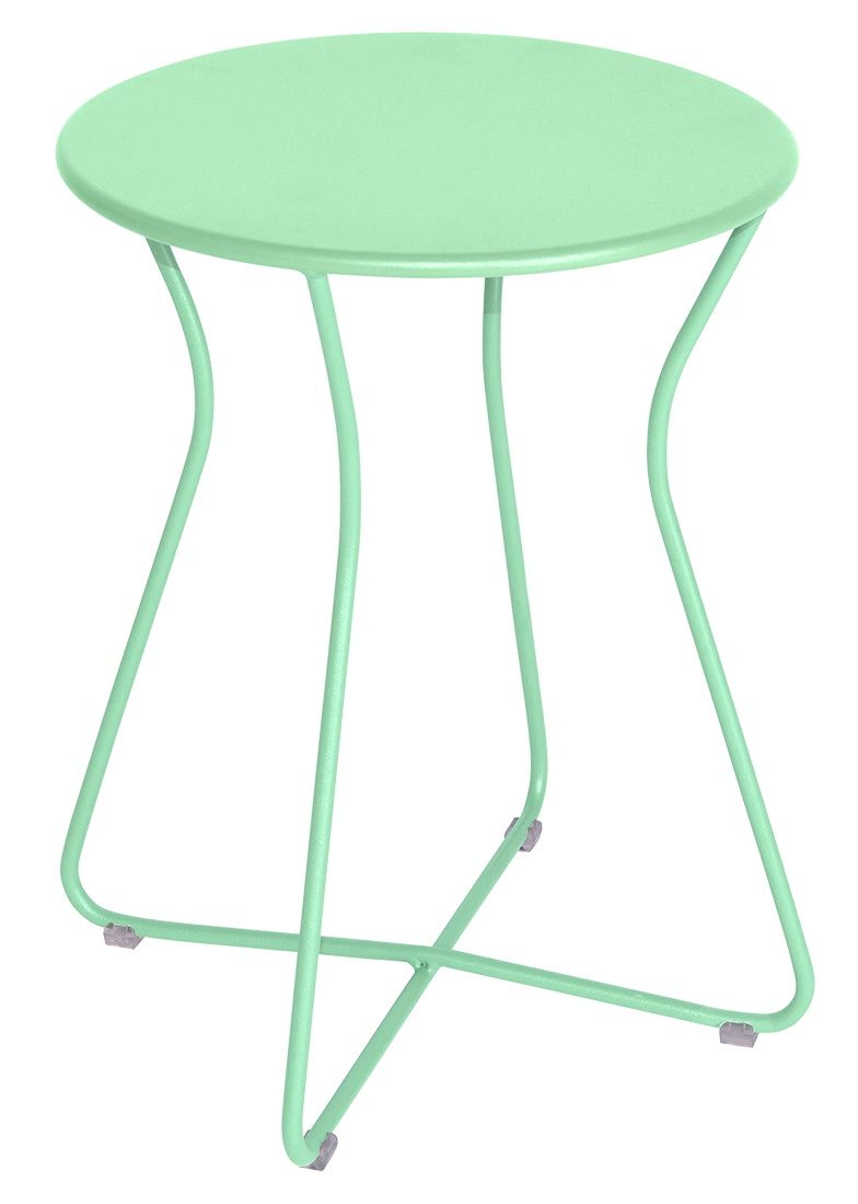 Cocotte Hocker von Fermob in Mintgrün, runder Outdoor-Hocker aus Metall, modernes Gartenmöbel Design.