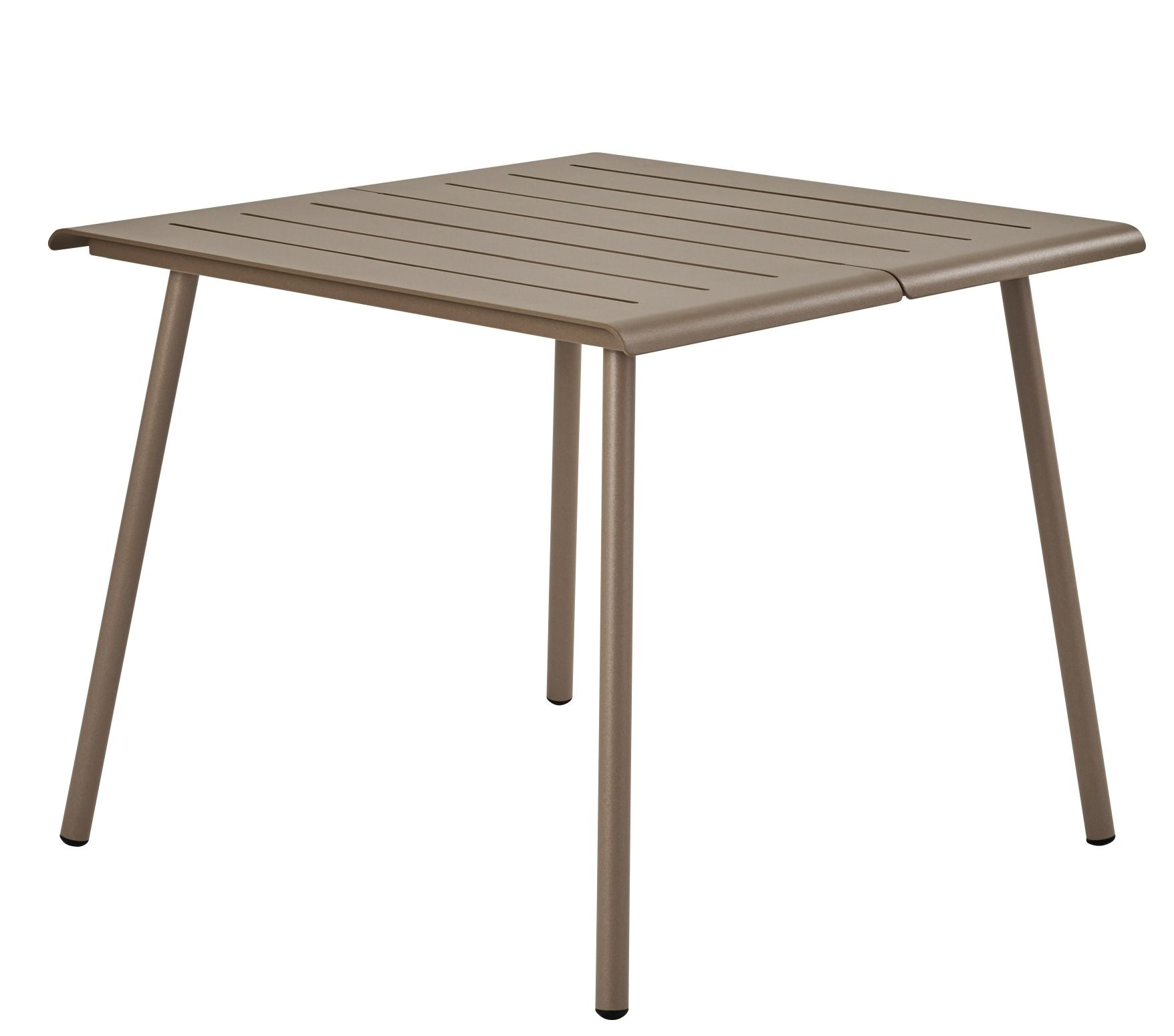 Vapio Tisch Outdoor von Weishäupl, quadratischer Gartentisch aus Metall in Taupe mit Lamellen.