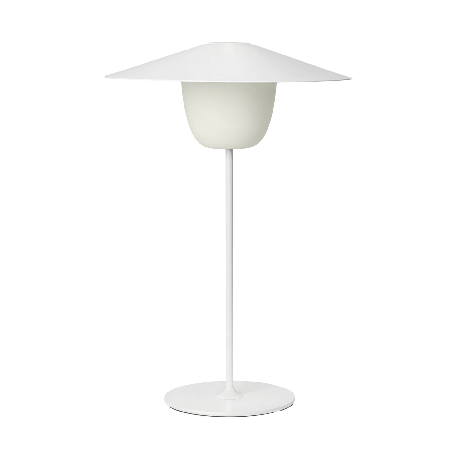 Weiße Ani LED Akkuleuchte von Blomus, moderne Tischleuchte für Innen und Außen.
