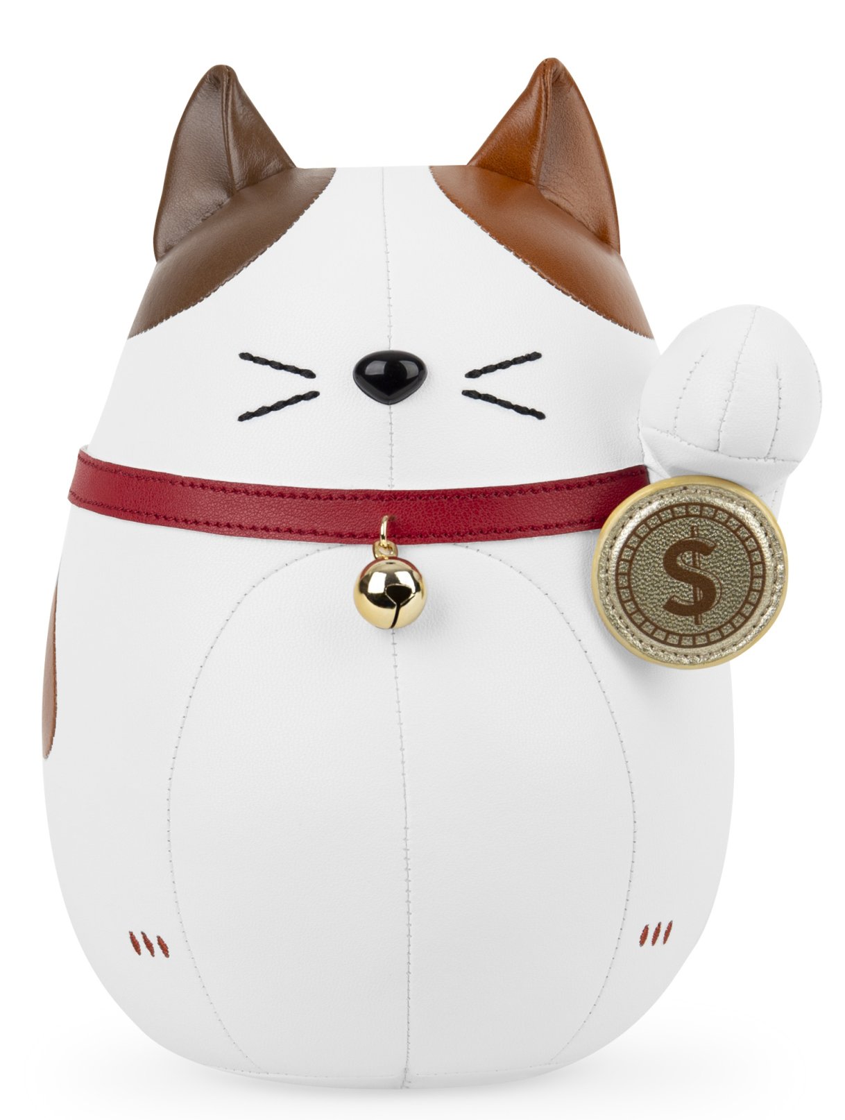 Weiße Lucky Cat Buchstütze mit rotem Halsband, goldener Glocke und Glücksmünze für Bücherregal und Schreibtisch.