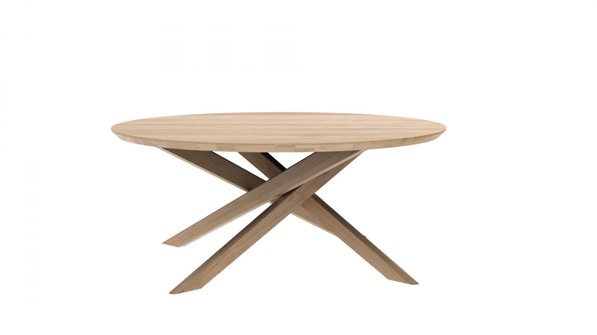Runder Mikado Couchtisch aus Eiche von Ethnicraft, modernes Design mit gekreuzten Beinen.