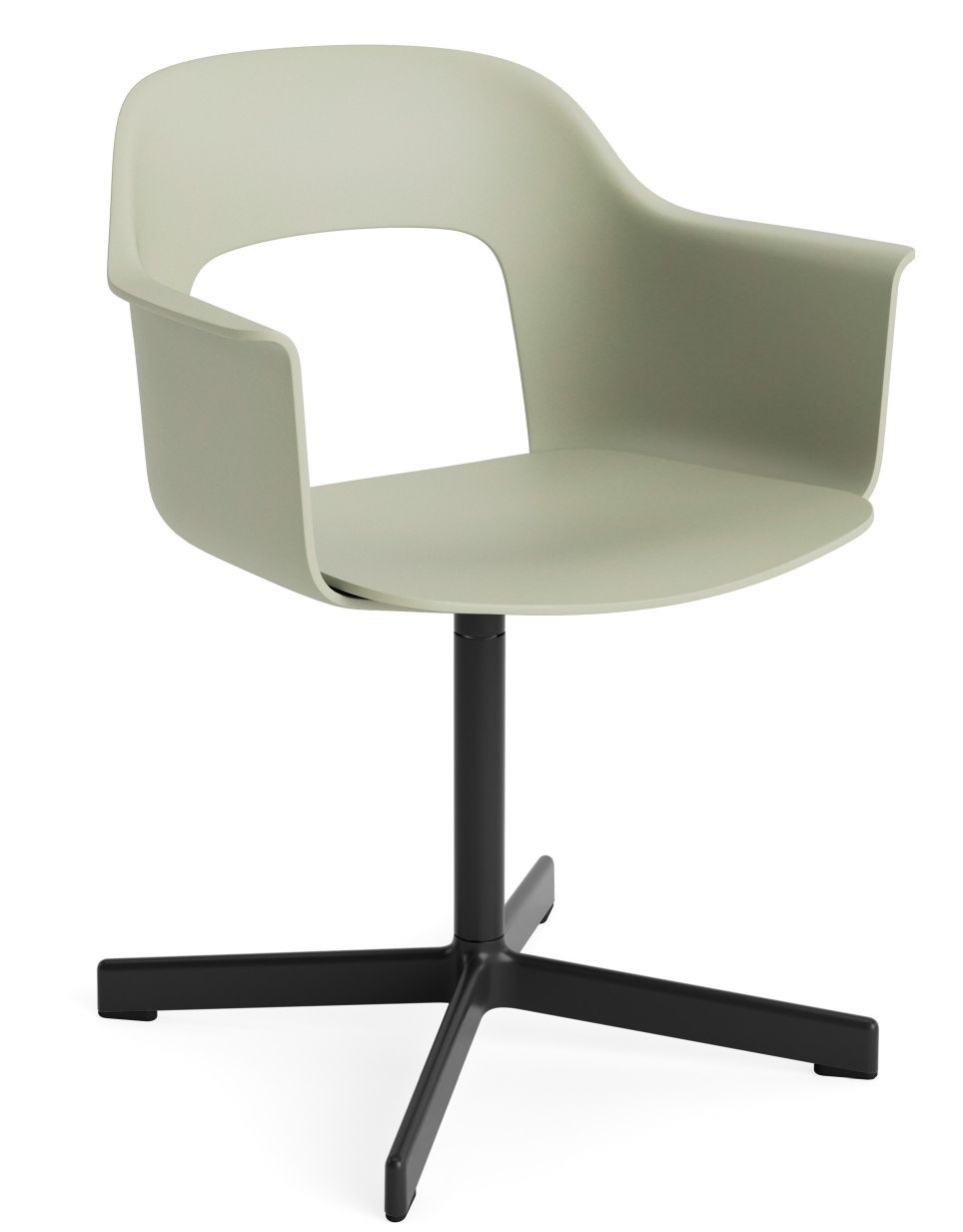 Layout Armchair 231 von Hay, moderner Armlehnstuhl in sanftem Grün mit schwarzem Drehfuß.