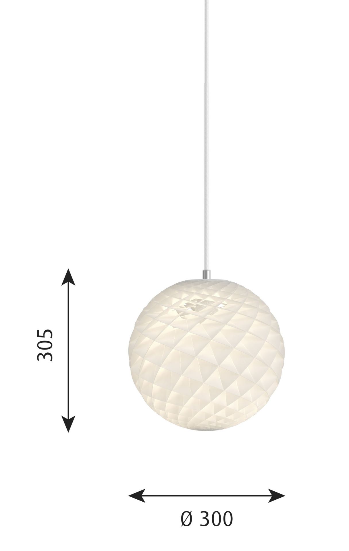 Patera Pendelleuchte von Louis Poulsen, weiße Design Lampe mit geometrischem Muster und Größenangaben.