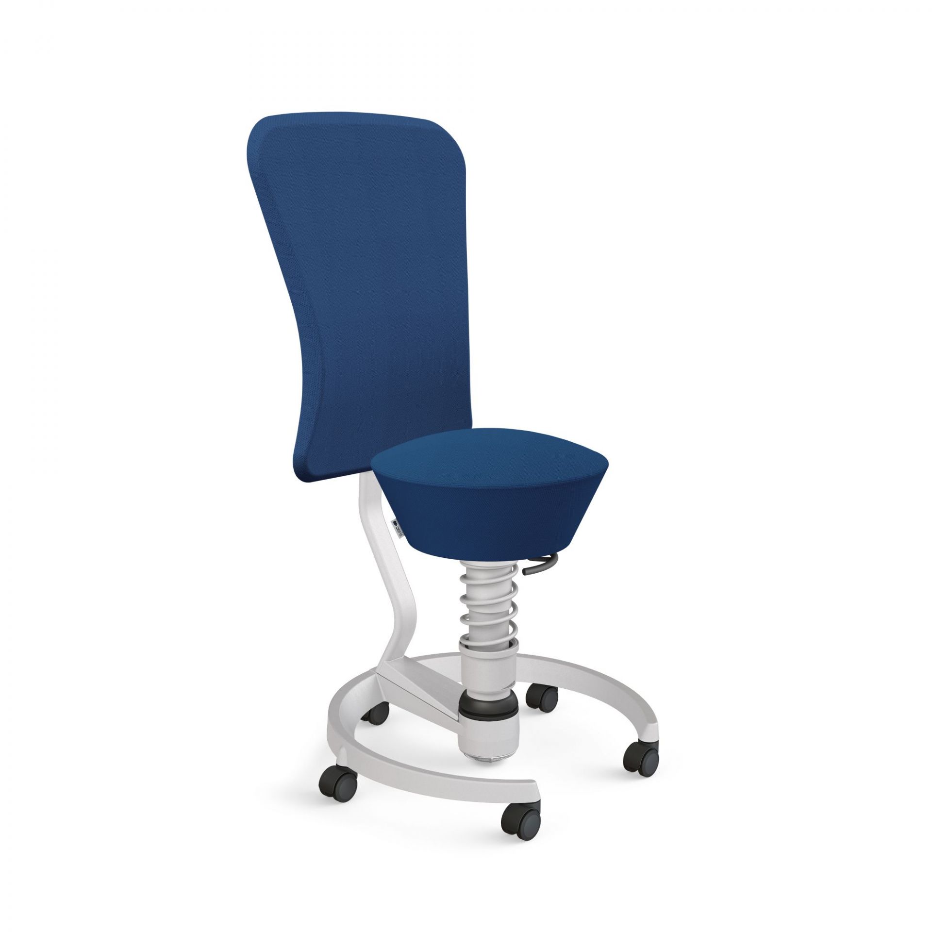 Blauer Swopper Bürostuhl mit Rückenlehne und weißem Federbein für ergonomisches Sitzen im Büro.