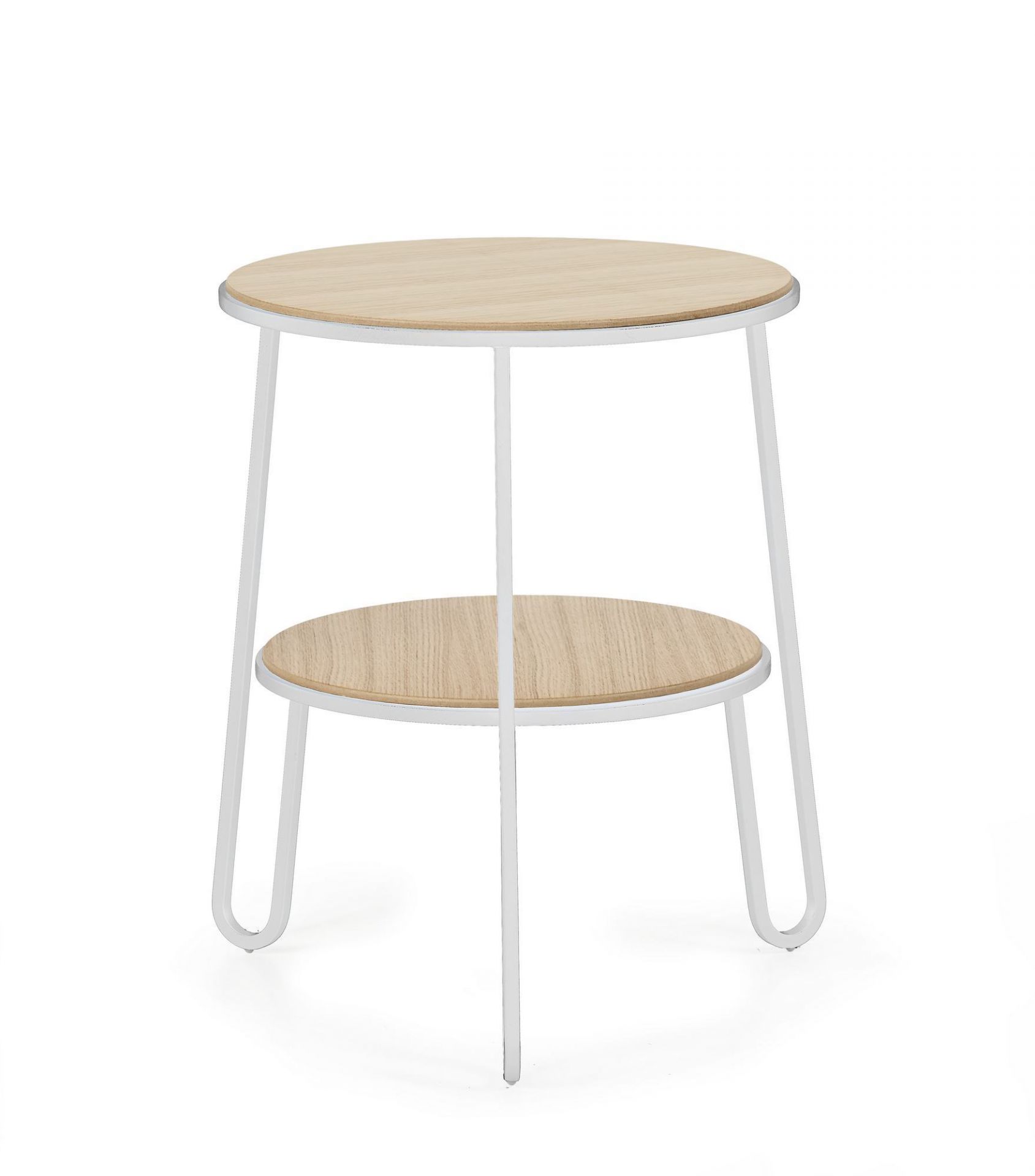 Hartô Beistelltisch mit zwei runden Ablageflächen aus Holz und weißem Metallgestell.