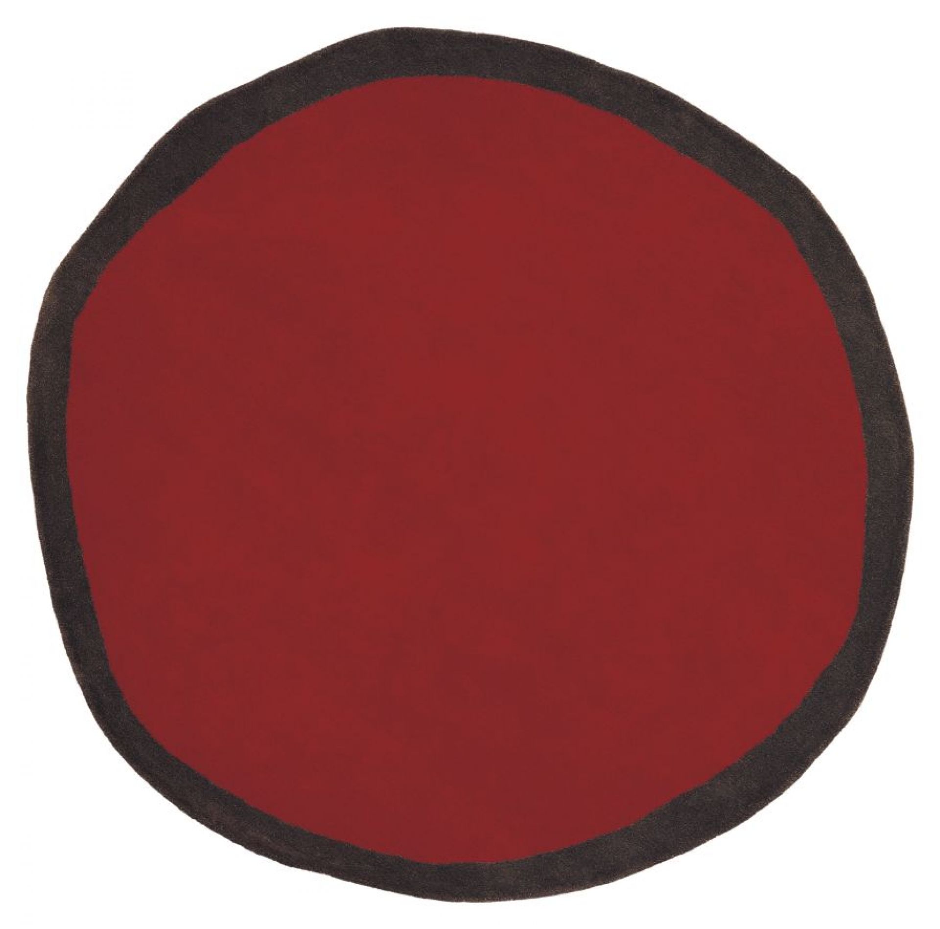 Runder, roter Aros Teppich von Nanimarquina mit dunklem Rand. Moderner Designerteppich.