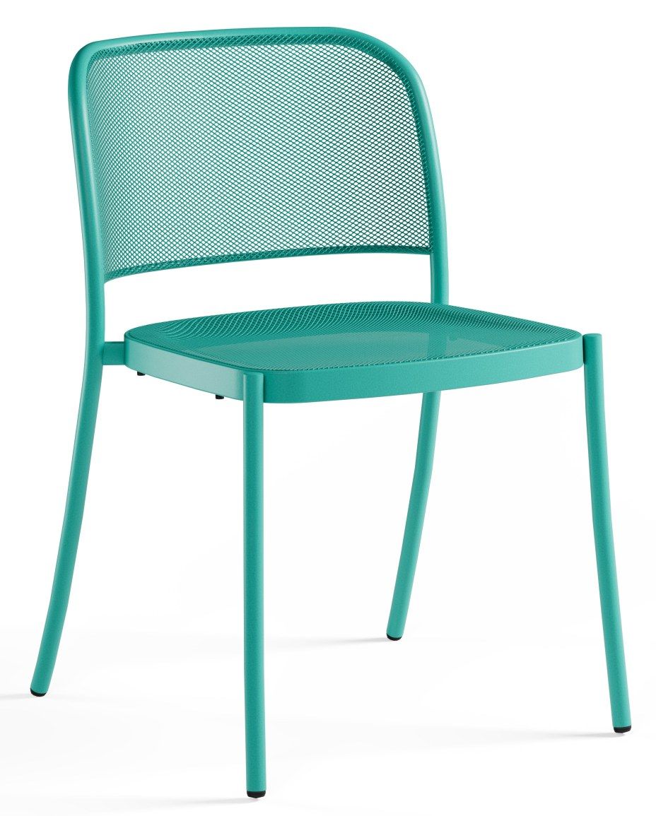 Türkisfarbener Café Chair Stuhl von Emu für den Außenbereich, mit Sitzfläche und Rückenlehne aus Metallgitter.