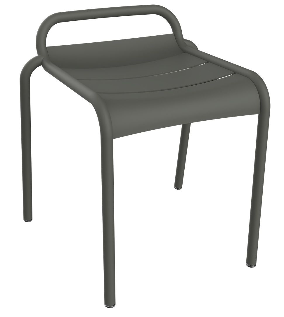 Luxembourg Hocker von Fermob für den Außenbereich, dunkelgrauer Metallhocker mit vier Beinen und Griff.