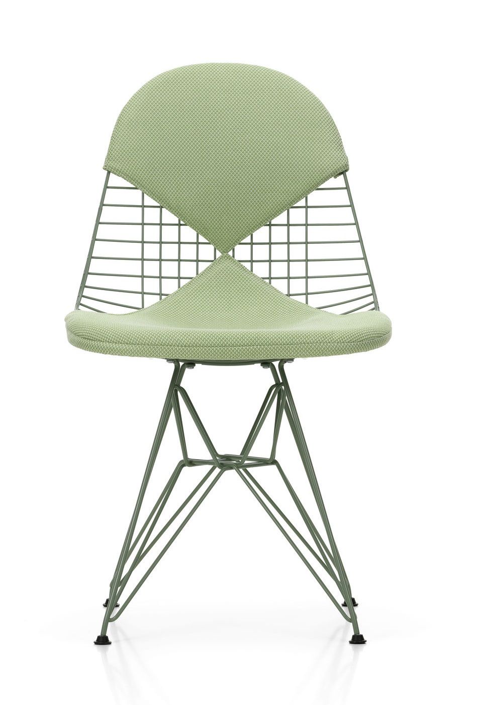 Vitra DKR-2 Wire Chair, grüner Design Stuhl mit Sitzpolster und Drahtgestell für Esszimmer.